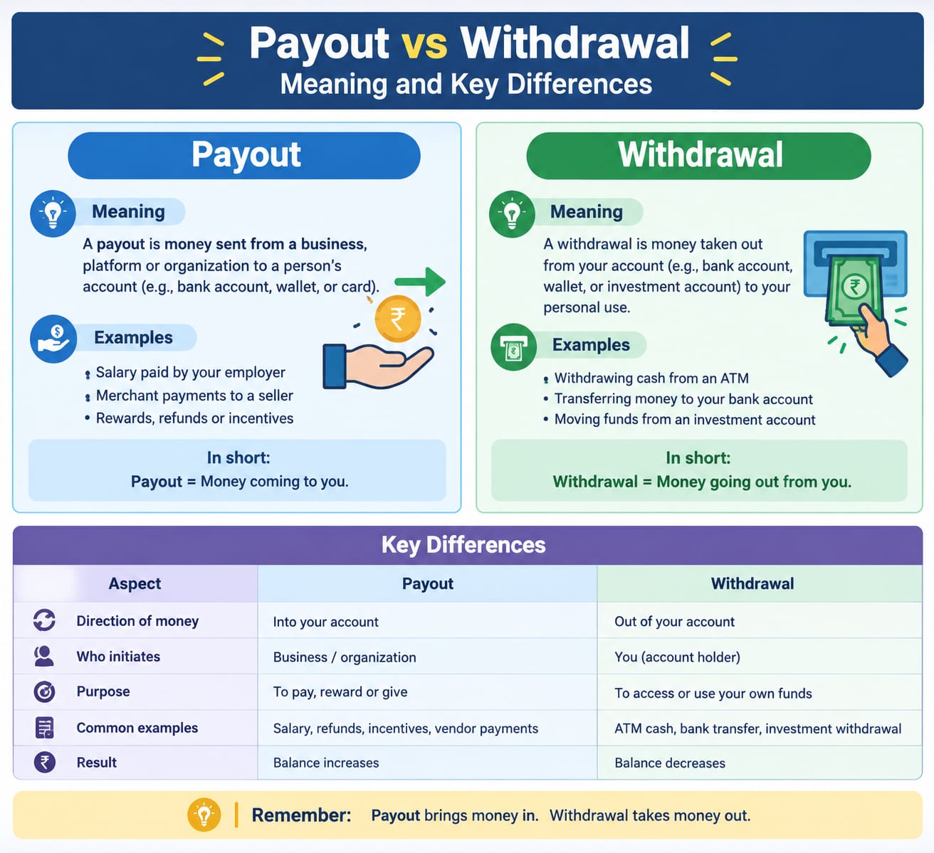Payout vs Withdrawal showing the key differences between receiving a financial payout and withdrawing money from an account.
